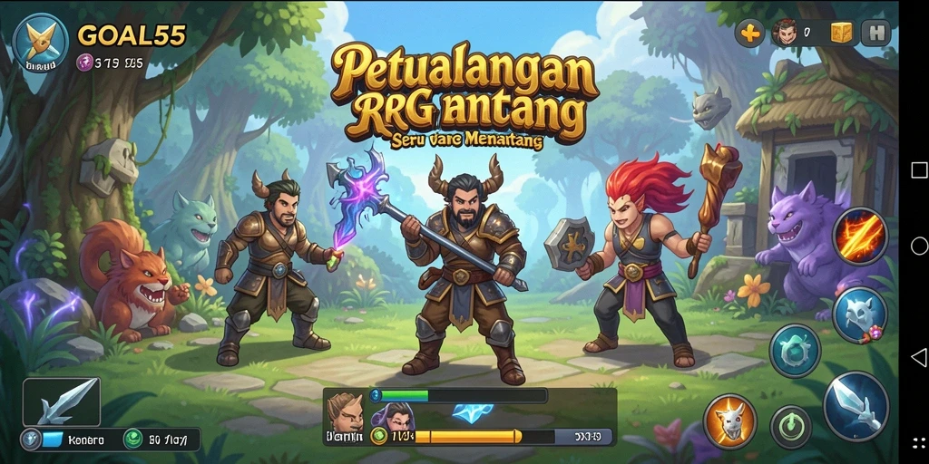 Tampilan gameplay RPG yang menarik di GOAL55, menunjukkan karakter dan pertarungan.
